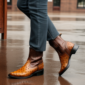 wearing ostrich boots in the rain